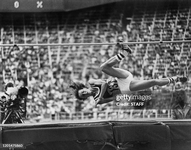 East Germany athlete Rosemarie Ackermann jumps, during the high jump event at the 1976 Summer Olympics, July 29, 1976 in Montreal. Rosemarie...