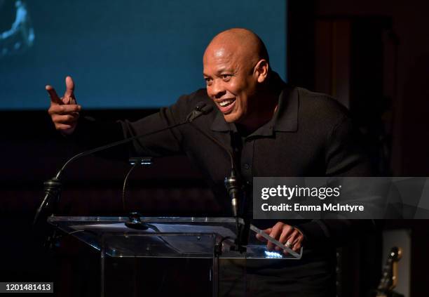 Dr. Dre speaks onstage during the Producers & Engineers Wing 13th annual GRAMMY week event honoring Dr. Dre at Village Studios on January 22, 2020 in...