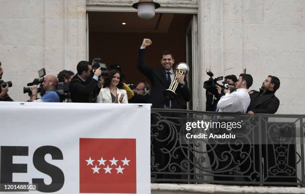 Real Madrid team captain Felipe Reyes addresses to citizens as President of Real Madrid Club Florentino Perez, Head coach of Real Madrid basketball...