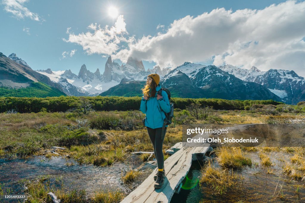 Woman hiking near  Fitz Roy mountain in Patagonia