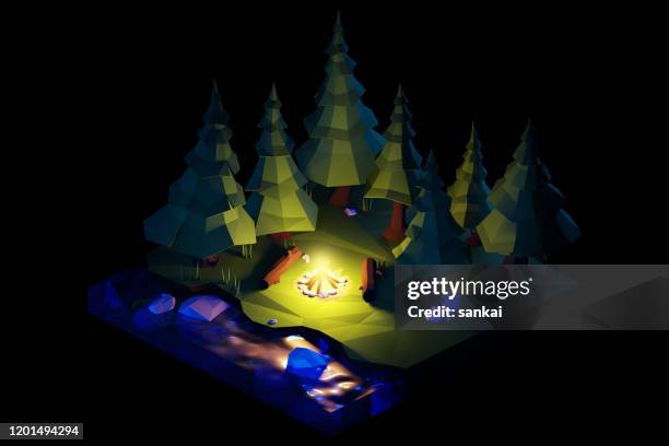 night over the camping bonfire. isometric low poly composition. - polygon tree stock pictures, royalty-free photos & images