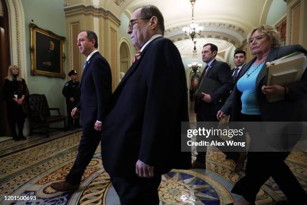 House impeachment managers Rep. Adam Schiff , Rep. Jerry Nadler , Rep. Jason Crow and Rep. Zoe Lofgren arrive at the Senate side of the U.S. Capitol...
