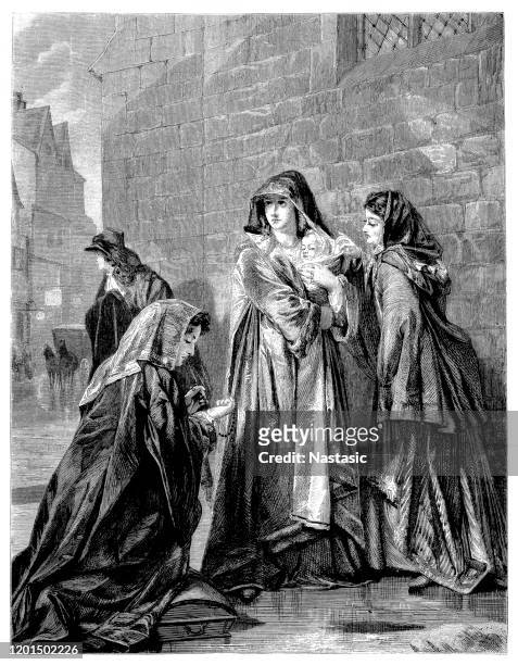 mary of modena, james ii's queen, prepares here to leave england for france with her infant son (prince james francis edward stuart) - ehre stock illustrations