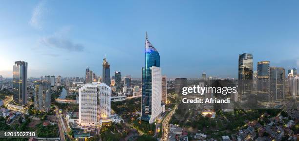 high angle view of jakarta skyscrapers, central jakarta, indonesia - jakarta stockfoto's en -beelden