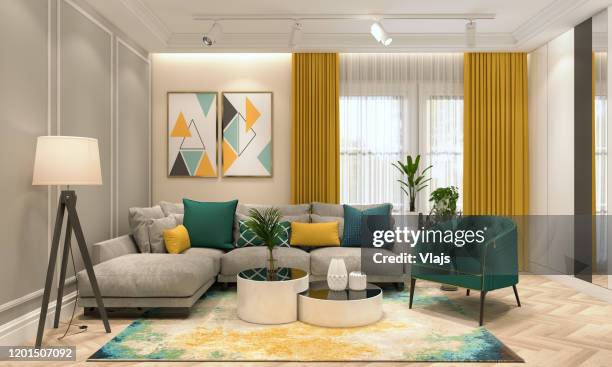modern living room - yellow curtains stock pictures, royalty-free photos & images