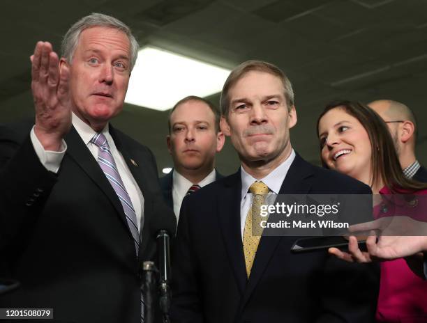 Rep. Mark Meadows , Rep. Lee Zeldin , Rep. Jim Jordan and Rep. Elise Stefanik speak with reporters in the Senate subway during the impeachment trial...