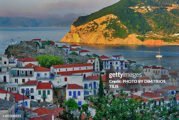 chora of skopelos and its castle - skopelos stock pictures, royalty-free photos & images