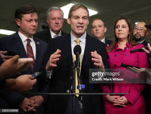 Rep. Mike Johnson , Rep. Mark Meadows , Rep. Jim Jordan , Rep. Lee Zeldin , and Rep. Elise Stefanik , speak with reporters in the Senate subway...