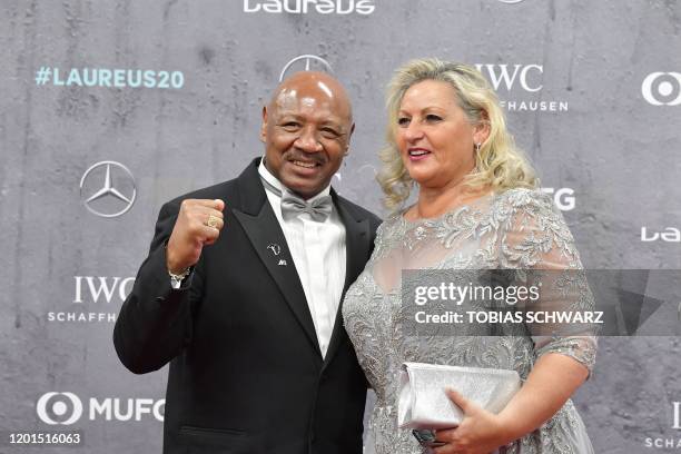 Laureus Academy member Marvelous Marvin Hagler and his wife Kay Guarrera pose on the red carpet prior to the 2020 Laureus World Sports Awards...