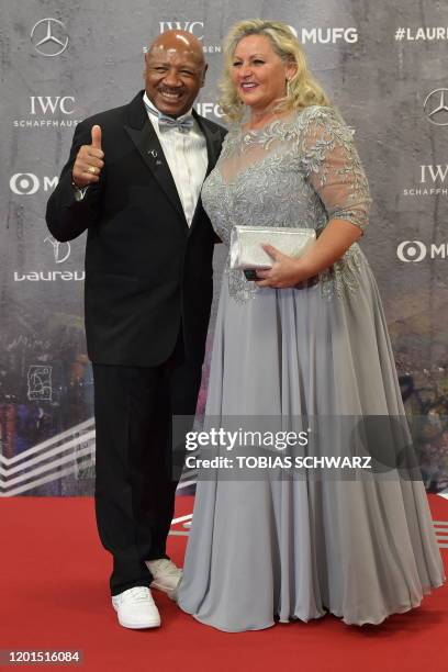 Laureus Academy member Marvelous Marvin Hagler and his wife Kay Guarrera pose on the red carpet prior to the 2020 Laureus World Sports Awards...