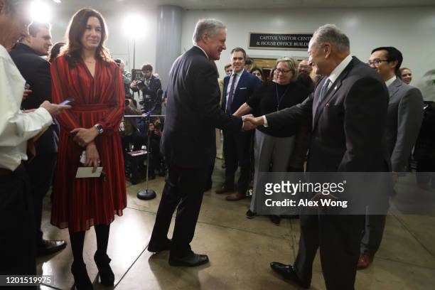 Rep. Mark Meadows greets Senate Minority Leader Sen. Chuck Schumer at a media stake out location during a break of the Senate impeachment trial...