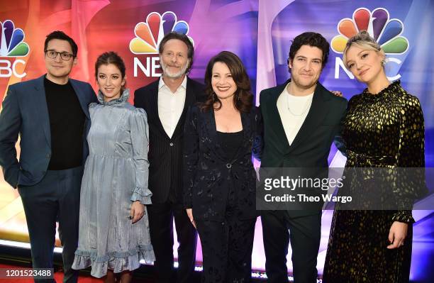 Dan Levy, Jessy Hodges, Steven Weber, Fran Drescher, Adam Pally and Abby Elliott from "Indebted" attend the NBC Midseason New York Press Junket at...