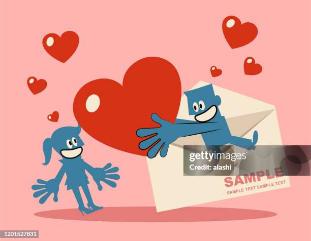 man pops out of an envelope and gives woman a huge heart love - large envelope stock illustrations