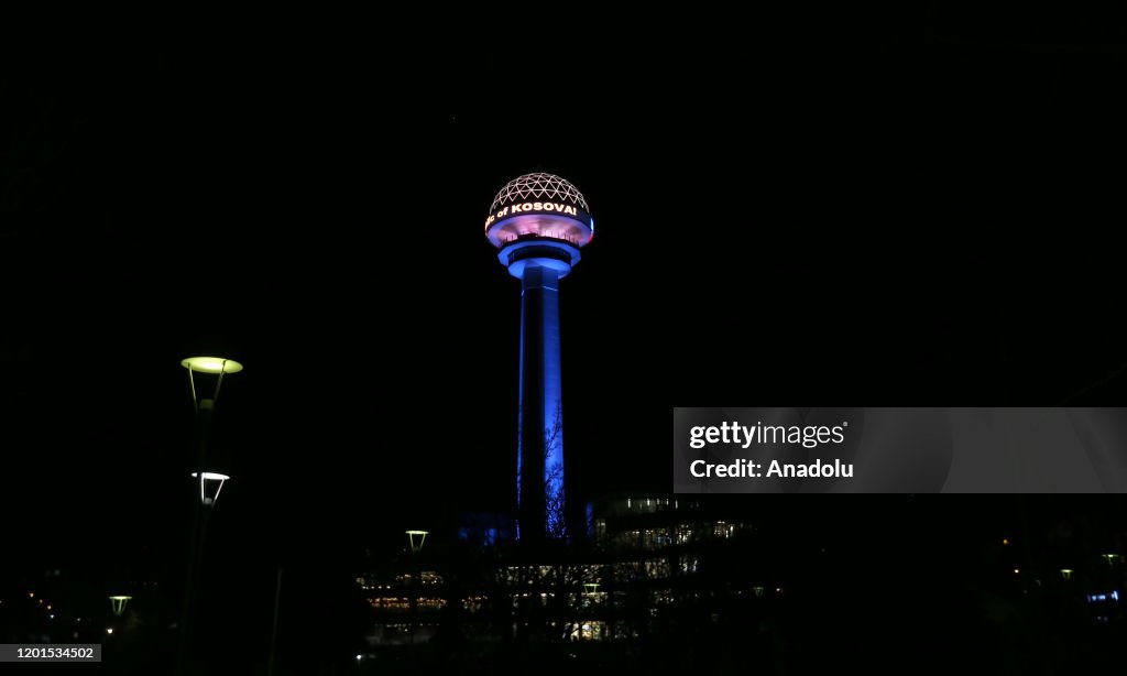 Atakule is illuminated with colors of Kosovo's flag