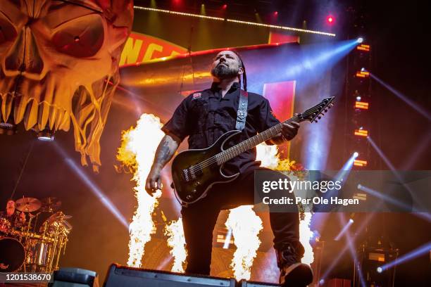 Zoltan Bathory from Five Finger Death Punch performs on stage at Oslo Spektrum in Oslo, Norway on January 23, 2020 in Oslo, Norway.