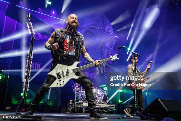 Chris Kael and Jason Hook from Five Finger Death Punch performs on stage at Oslo Spektrum in Oslo, Norway on January 23, 2020 in Oslo, Norway.