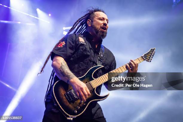 Zoltan Bathory from Five Finger Death Punch performs on stage at Oslo Spektrum in Oslo, Norway on January 23, 2020 in Oslo, Norway.