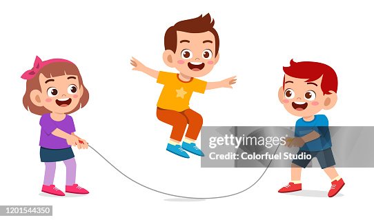 Happy Cute Kid Boy And Girl Play Jump Rope High-Res Vector Graphic ...