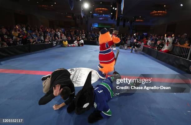 Montreal Canadiens mascot Youppi! competes against Vancouver Canucks mascot Finn the Whale in a game of musical chairs during the NHL Mascot Showdown...