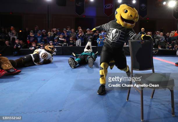 Vegas Golden Knights mascot Chance the Gila Monster takes part in a game of musical chairs during the NHL Mascot Showdown during the 2020 NHL...