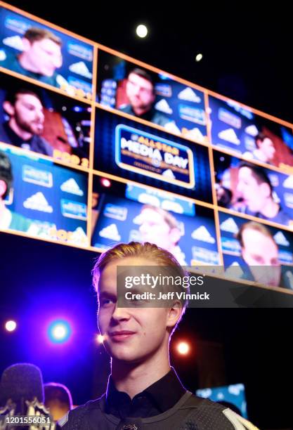 Elias Pettersson of the Vancouver Canucks takes part in the 2020 NHL All-Star media day at the Stifel Theater on January 23, 2020 in St Louis,...