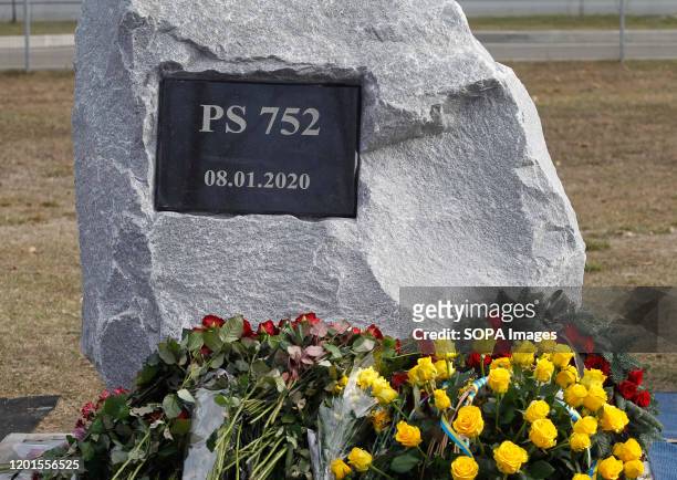 View of a memorial stone during a ceremony of founding a memorial to the victims of the flight PS752 who crashed in Iran, at the Boryspil...