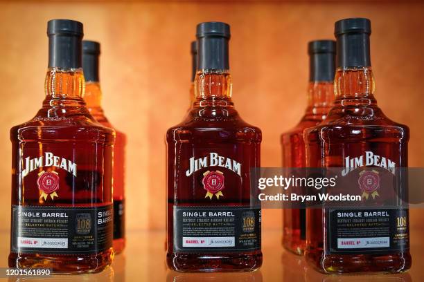 Bottles of bourbon are shown on a shelf at The Jim Beam Distillery on February 17, 2020 in Clermont, Kentucky. U.S. Whiskey exports have fallen by 27...