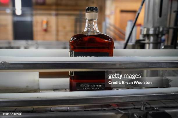 Bottle of bourbon moves through the bottling plant at The Jim Beam Distillery on February 17, 2020 in Clermont, Kentucky. U.S. Whiskey exports have...