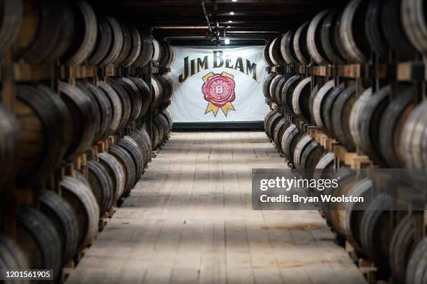 Barrels of bourbon are stacked in a barrel house at the Jim Beam Distillery on February 17, 2020 in Clermont, Kentucky. U.S. Whiskey exports have...