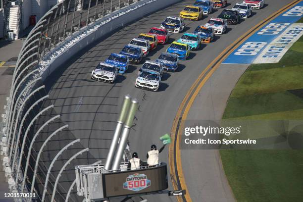 The green flag waves to start restart the Daytona 500 on February 17, 2020 at Daytona International Speedway in Daytona Beach, Fl.