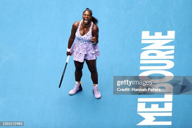 Serena Williams of the United States celebrates after winning a point during her Women's Singles third round match against Qiang Wang of China on day...