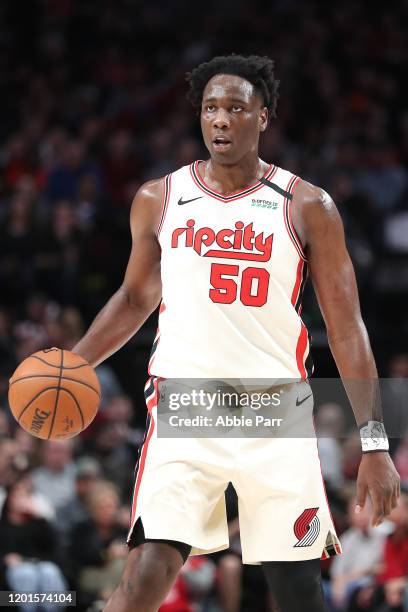 Caleb Swanigan of the Portland Trail Blazers dribbles the ball in the second quarter during his first game as a Portland Trail Blazer against the...