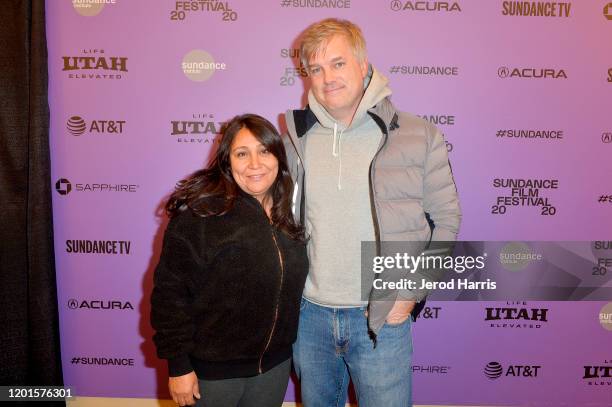 Juror Haifaa Al Mansour and Brad Neimann attend "The Perfect Candidate" premiere during the 2020 Sundance Film Festival at Egyptian Theatre on...