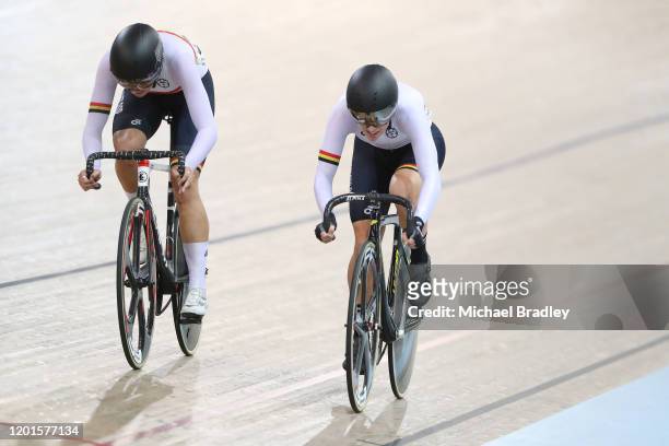 Ally Wollaston and Jessie Hodges both from Waikato Bay of Plenty compete in the Women's Elite Omnium Elimination race during day two of the New...
