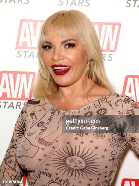 Adult film actress Dana DeArmond poses at the AVN Stars booth during the 2020 AVN Adult Expo at the Hard Rock Hotel & Casino on January 23, 2020 in...
