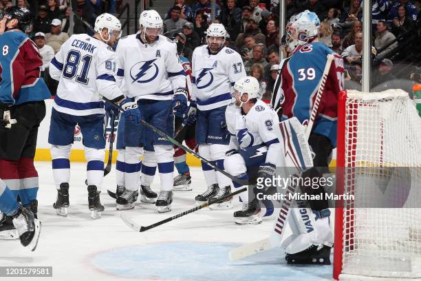 Steven Stamkos of the Tampa Bay Lightning celebrates a goal against the Colorado Avalanche with teammates Erik Cernak, Victor Hedman and Alex Killorn...