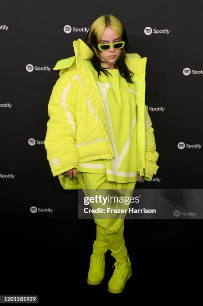 Billie Eilish attends Spotify Hosts "Best New Artist" Party at The Lot Studios on January 23, 2020 in Los Angeles, California.