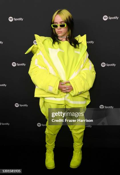 Billie Eilish attends Spotify Hosts "Best New Artist" Party at The Lot Studios on January 23, 2020 in Los Angeles, California.