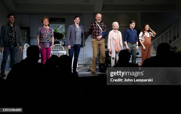 Maulik Pancholy, Priscilla Lopez, Jame Cromwell, Jane Alexander, Ben McKenzie and Ashley Park are on stage during the curtain call at "Grand...