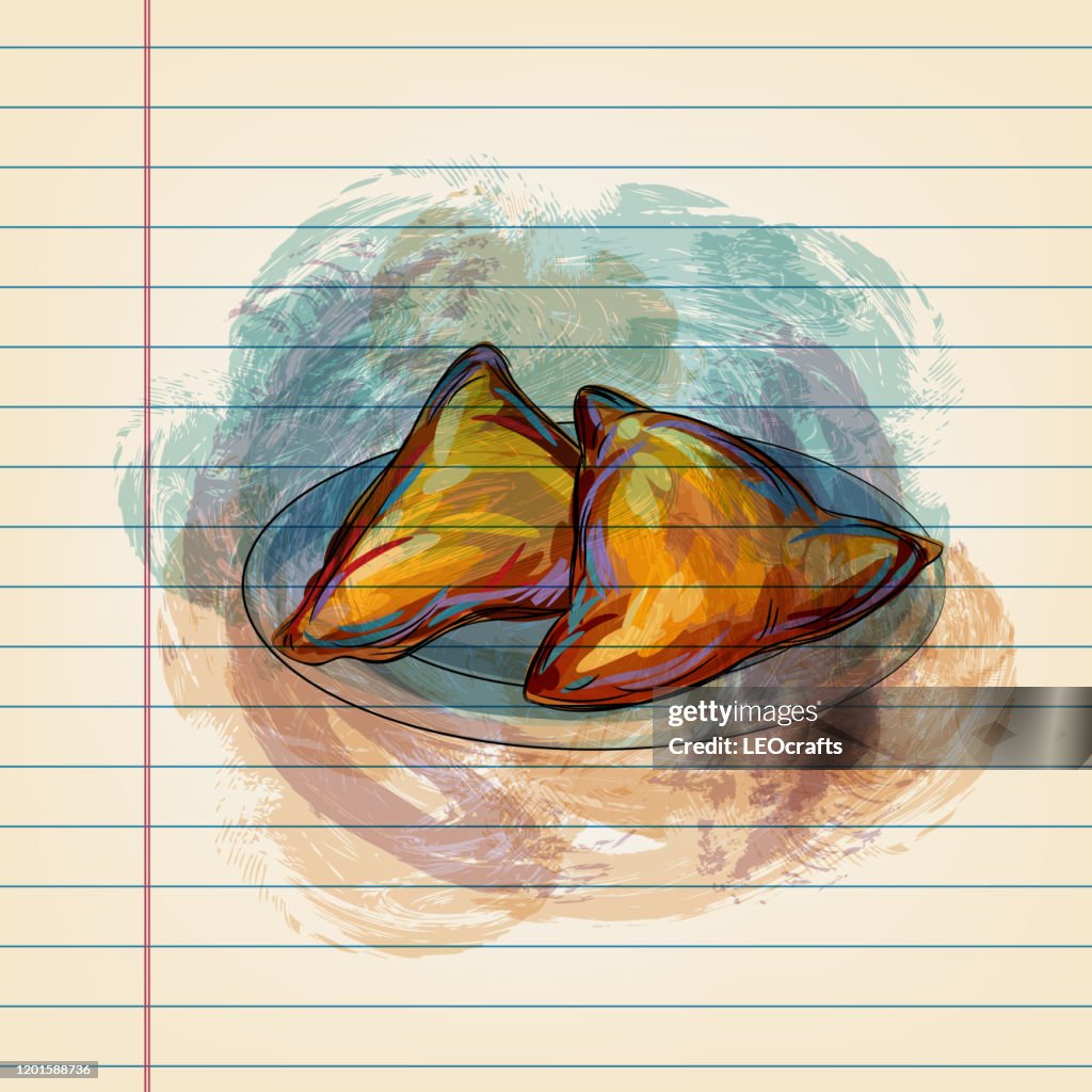 Indian Food Samosa Drawing on Ruled Paper