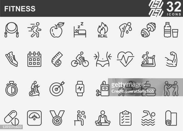 stockillustraties, clipart, cartoons en iconen met pictogrammen voor fitnesslijnen - exercise pill