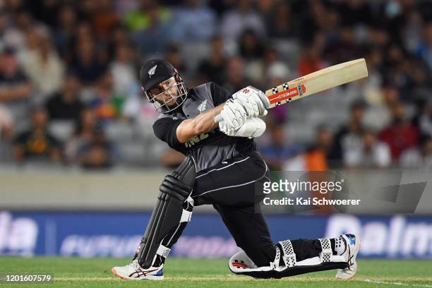 Kane Williamson of New Zealand bats during game one of the Twenty20 series between New Zealand and India at Eden Park on January 24, 2020 in...