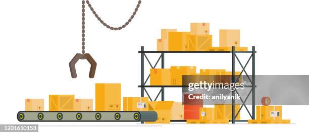 conveyor belt and warehouse shelves - industrial warehouse cartoon stock illustrations