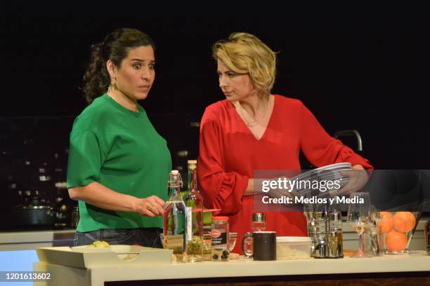 Tiare Scanda and Ludwika Paleta act in the play 'Perfectos Desconocidos ' at Teatro Libanes on January 23, 2020 in Mexico City, Mexico.