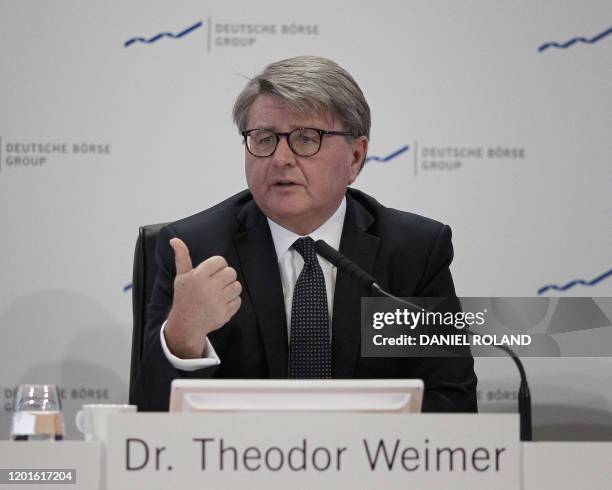 Theodor Weimer, CEO of German company Deutsche Boerse addresses the media during the company's annual financial statement at its headquarters in...