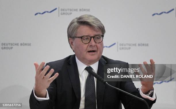 Theodor Weimer, CEO of German company Deutsche Boerse addresses the media during the company's annual financial statement at its headquarters in...