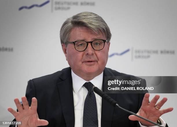 Theodor Weimer, CEO of German company Deutsche Boerse addresses the media during the company's annual financial statement at its headquarters in...