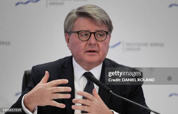 Theodor Weimer, CEO of German company Deutsche Boerse addresses the media during the company's annual financial statement at its headquarters in...