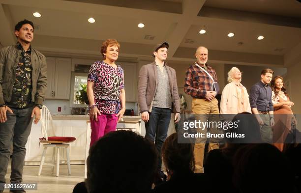 Maulik Pancholy, Priscilla Lopez, Michael Urie, James Cromwell, Jane Alexander, Ben McKenzie, Ashley Park during the opening night curtain call for...