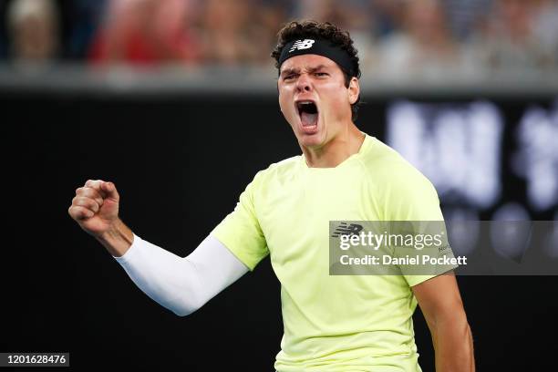 Milos Raonic of Canada celebrates after winning his Men's Singles third round match against Stefanos Tsitsipas of Greece on day five of the 2020...